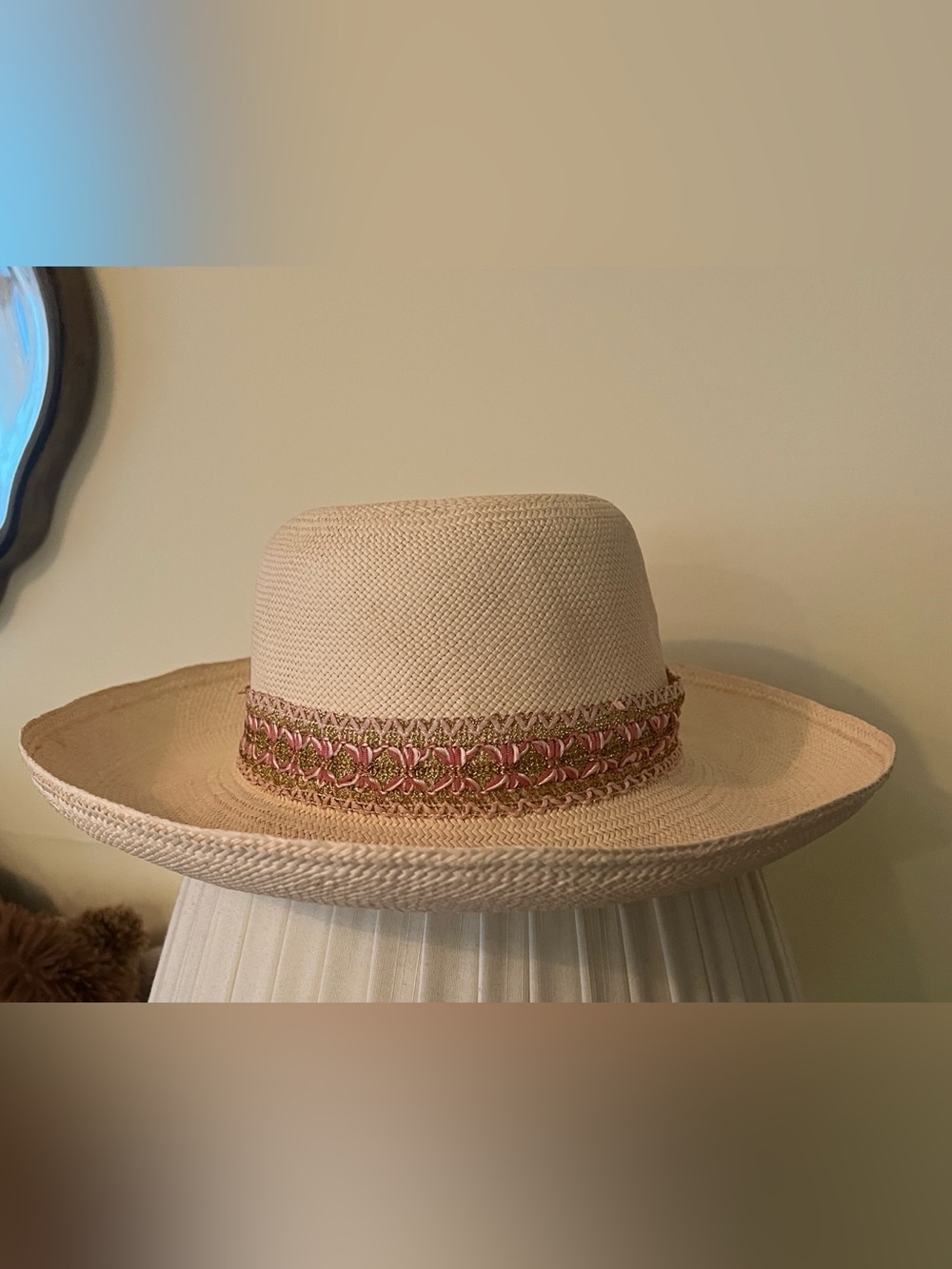 Woven Straw Wide-Brim Hat with Pink Trim Made by women hat makers